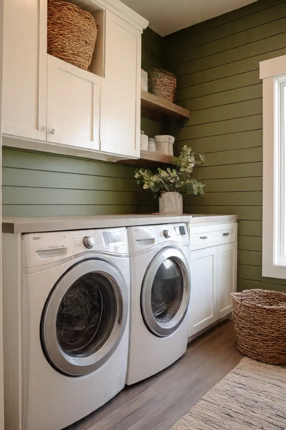 Modern laundry room with washer, dryer, green walls.
