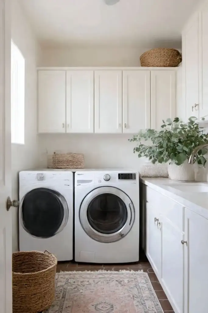 Modern laundry room with washer, dryer, and cabinets.