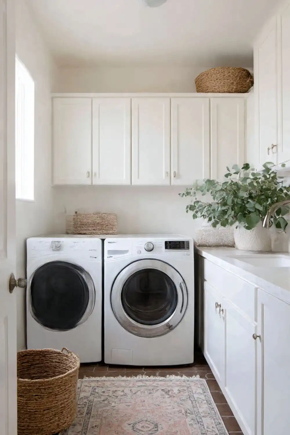 Modern laundry room with washer, dryer, and cabinets.
