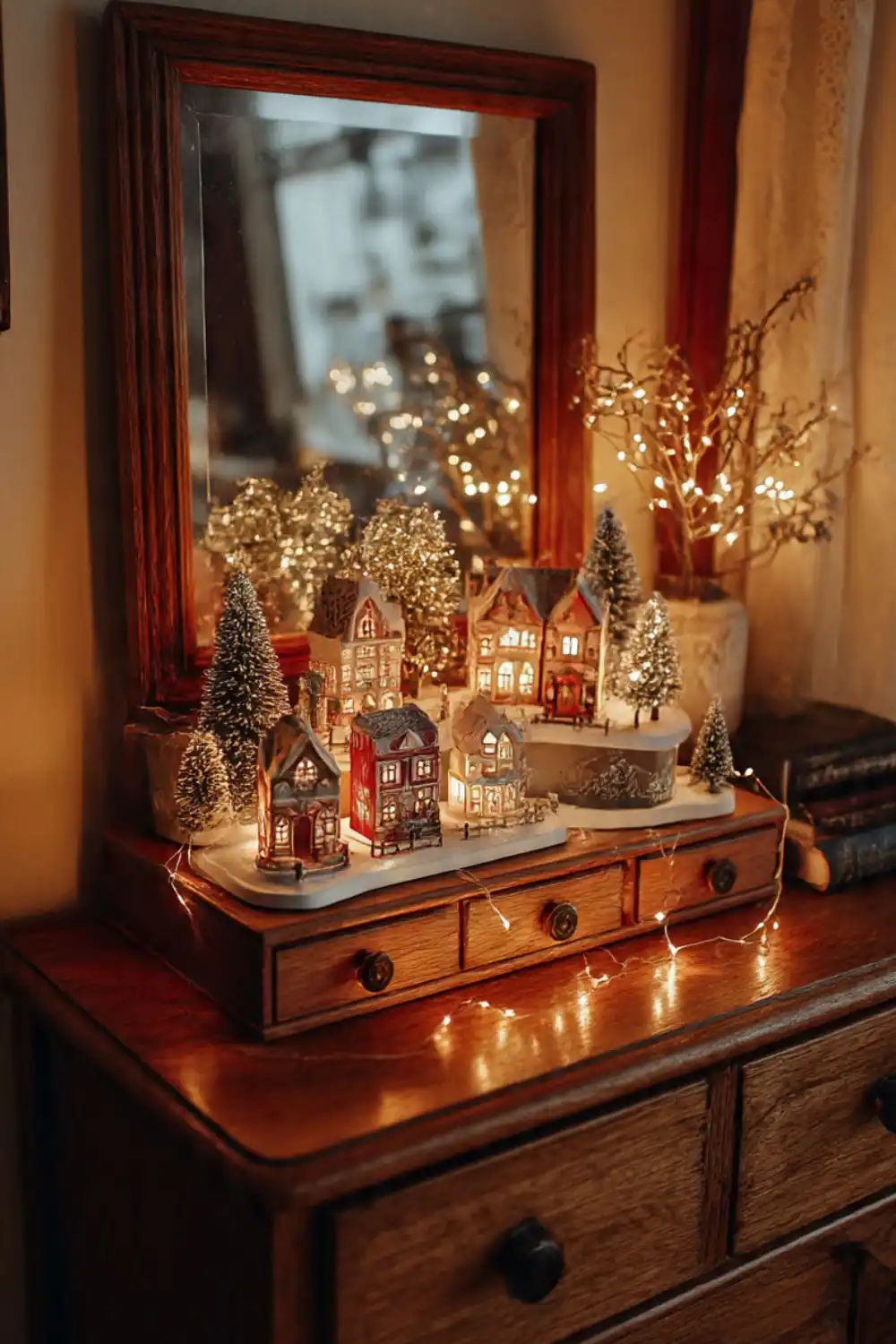 Miniature winter village display with lights on dresser.