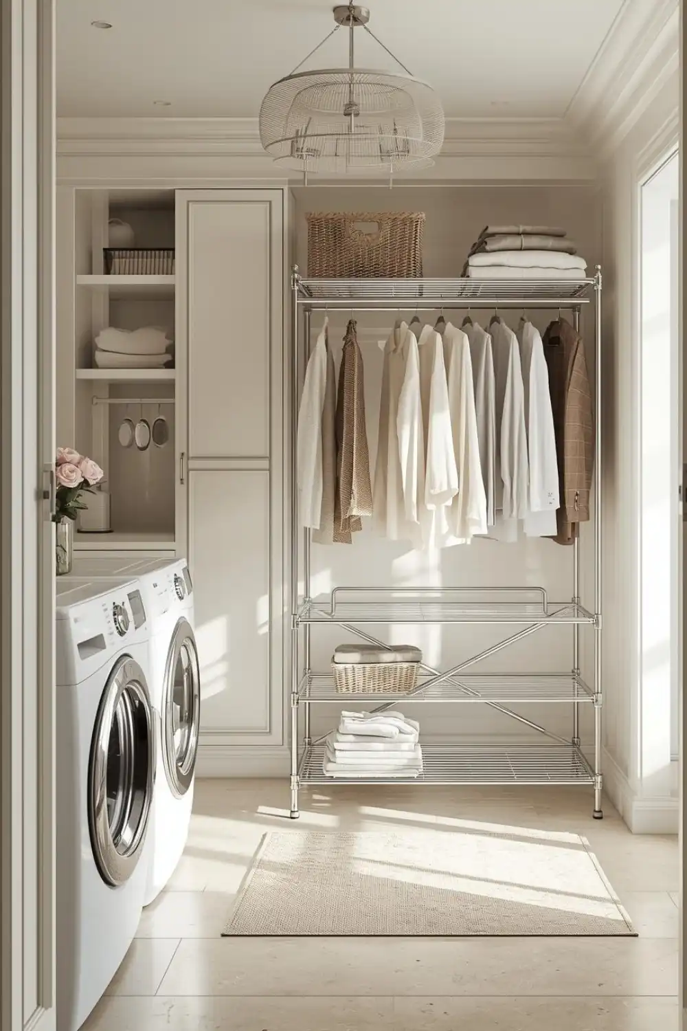 Modern laundry room with hanging clothes and washer.