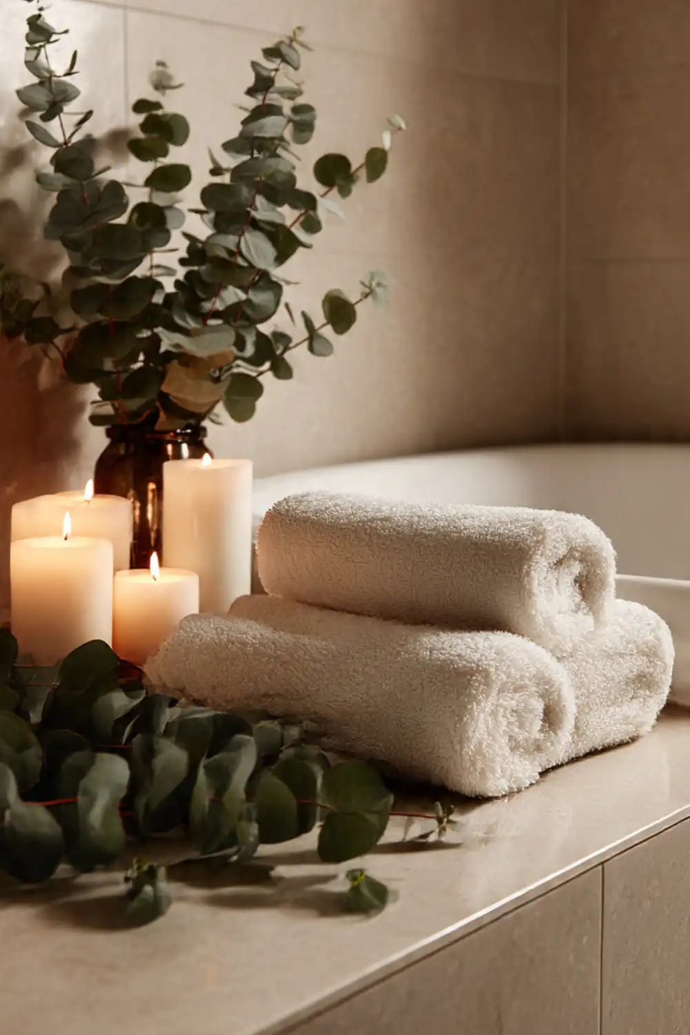 Spa ambiance with candles, eucalyptus, and towels.