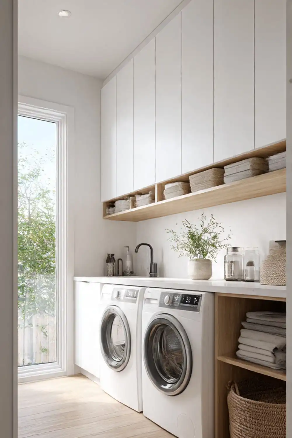 Modern laundry room with washer, dryer, cabinets.