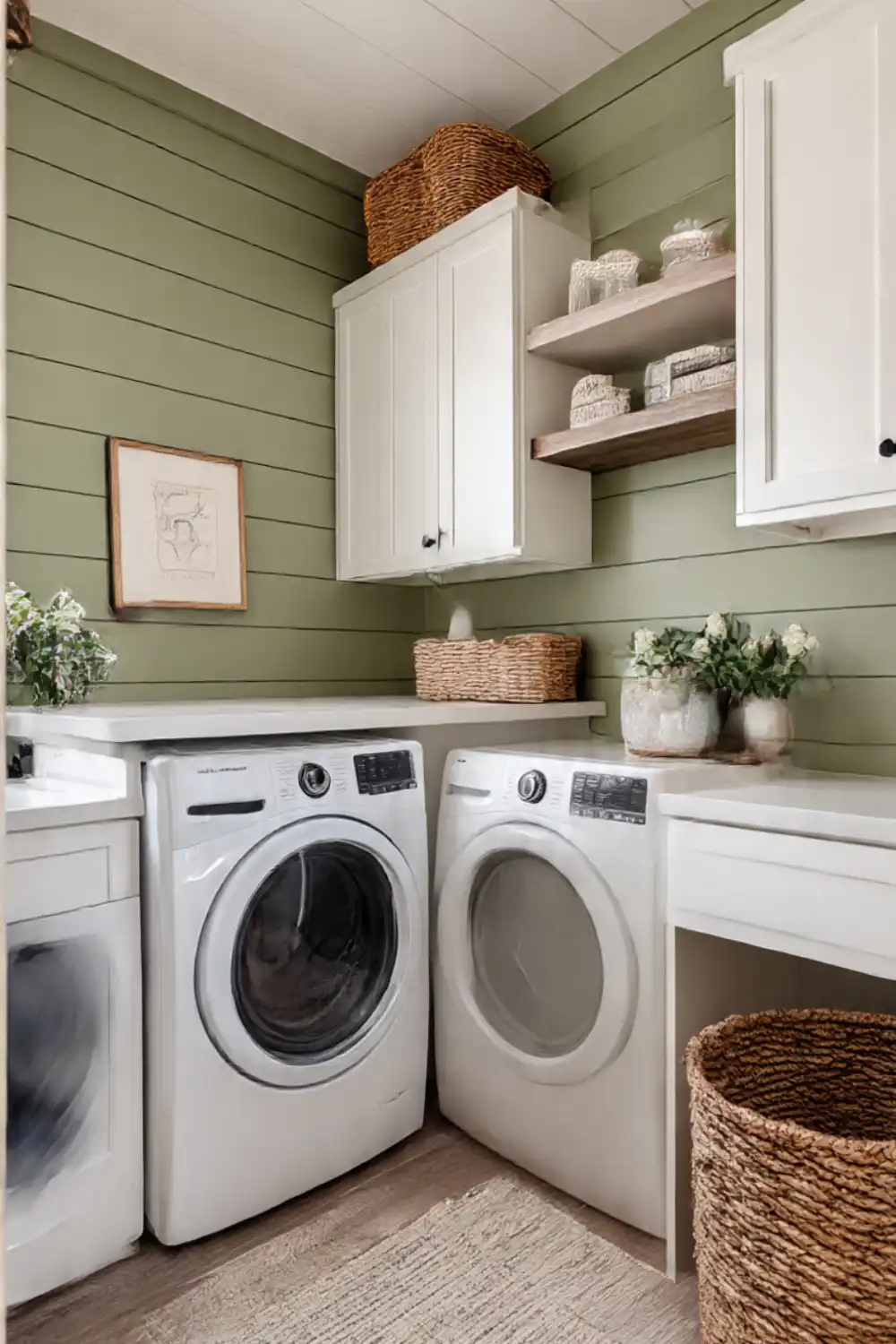 Modern laundry room with washer, dryer, and cabinets.