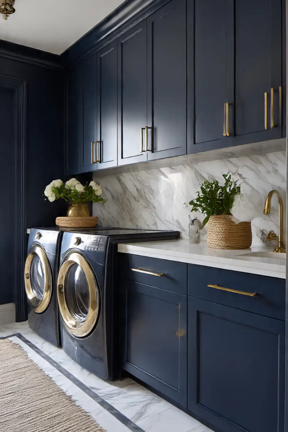 Luxury navy laundry room with gold accents.