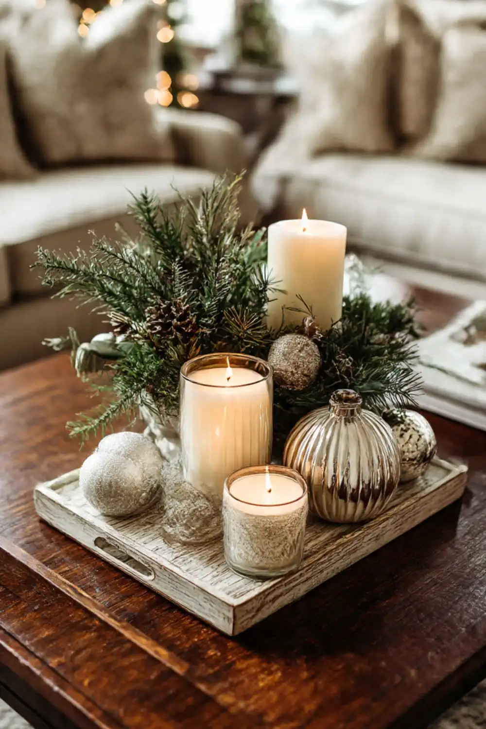 Holiday centerpiece with candles and greenery on tray.