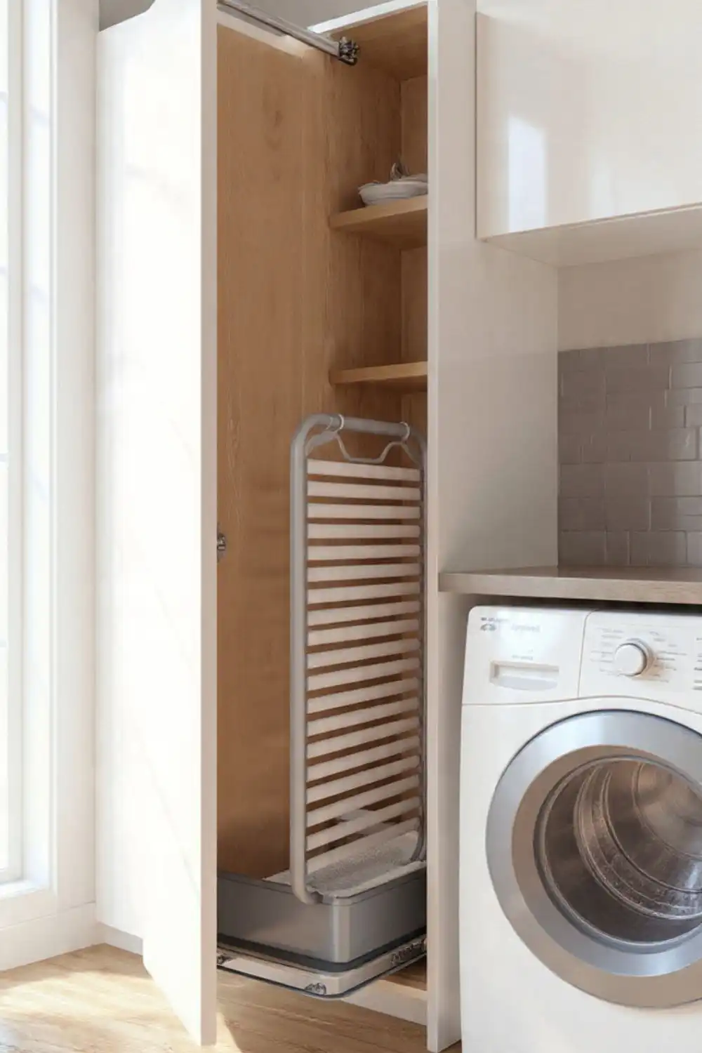 Laundry drying rack in modern utility room.