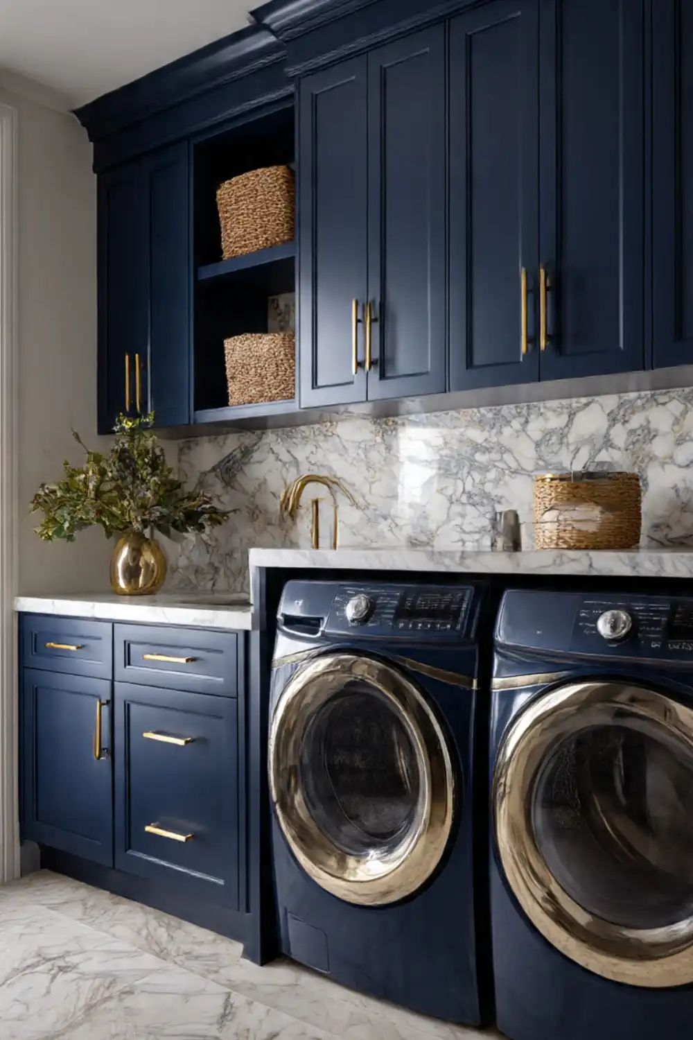Modern laundry room with blue cabinets and gold accents.