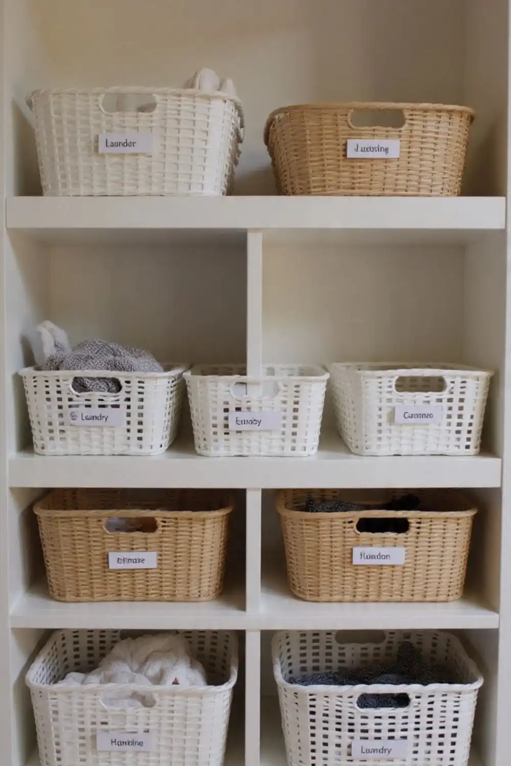 Labeled baskets organized on white shelf.