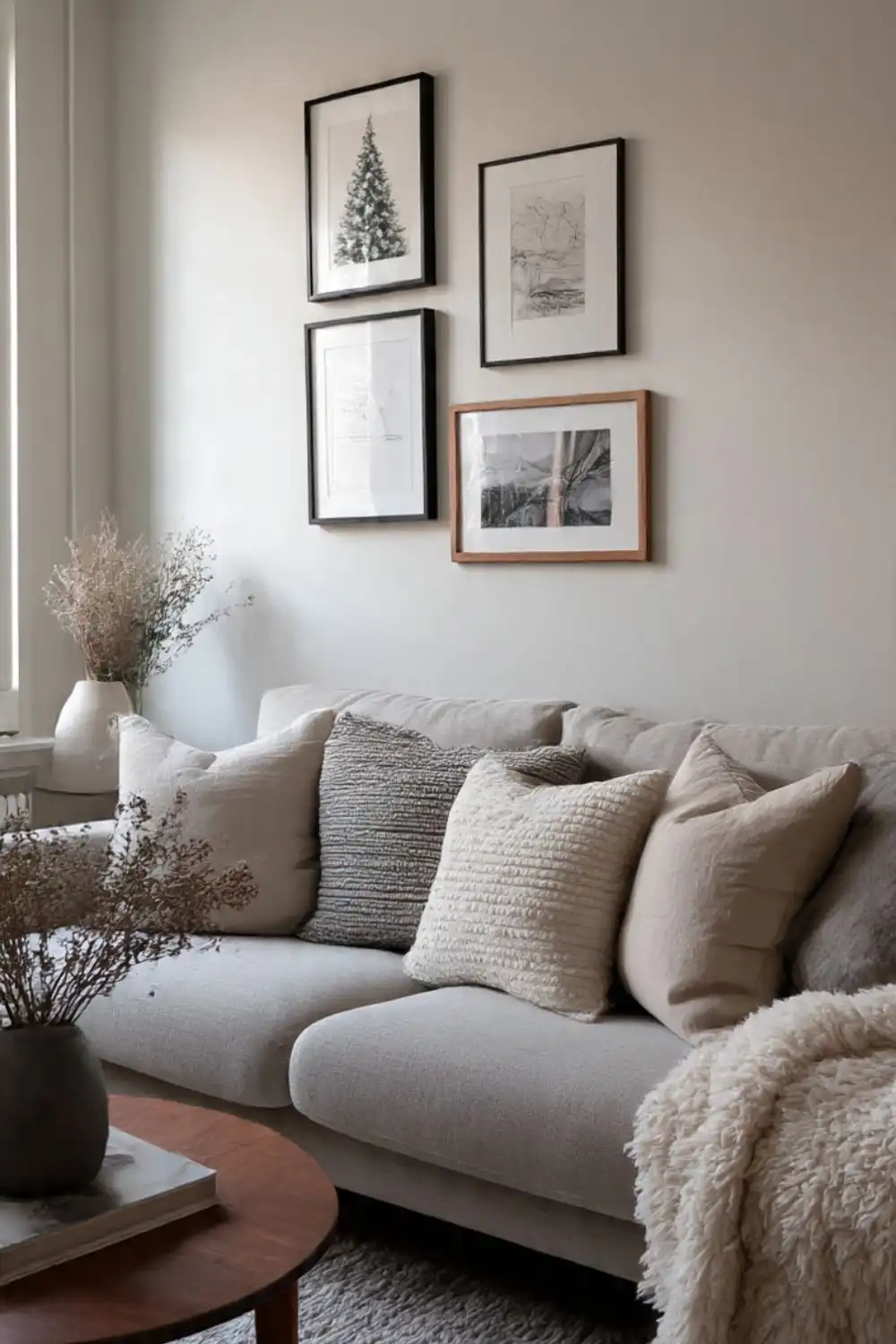 Cozy living room with sofa and framed art