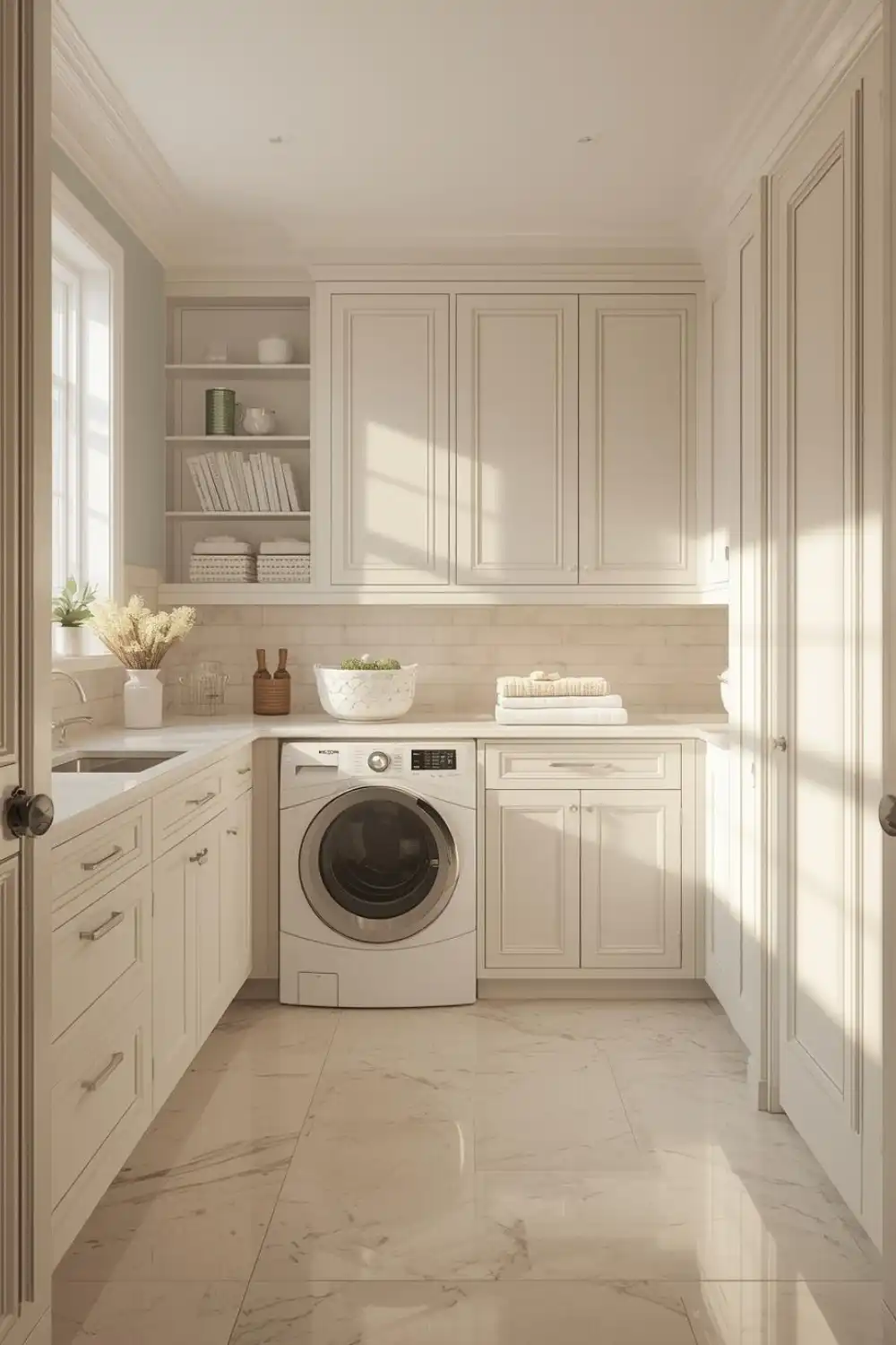 Bright laundry room with washing machine and cabinets.