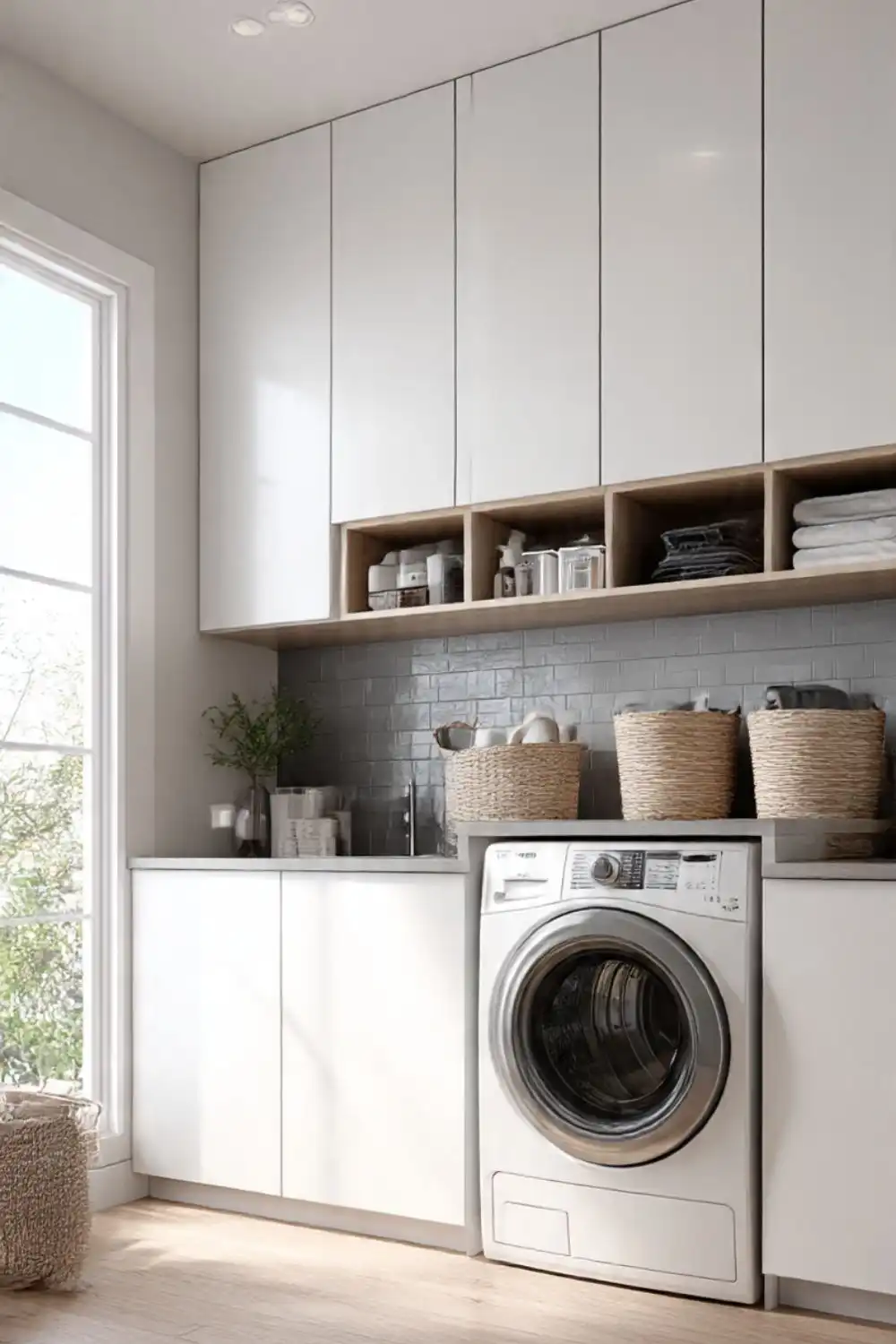Modern laundry room with washing machine and storage baskets.