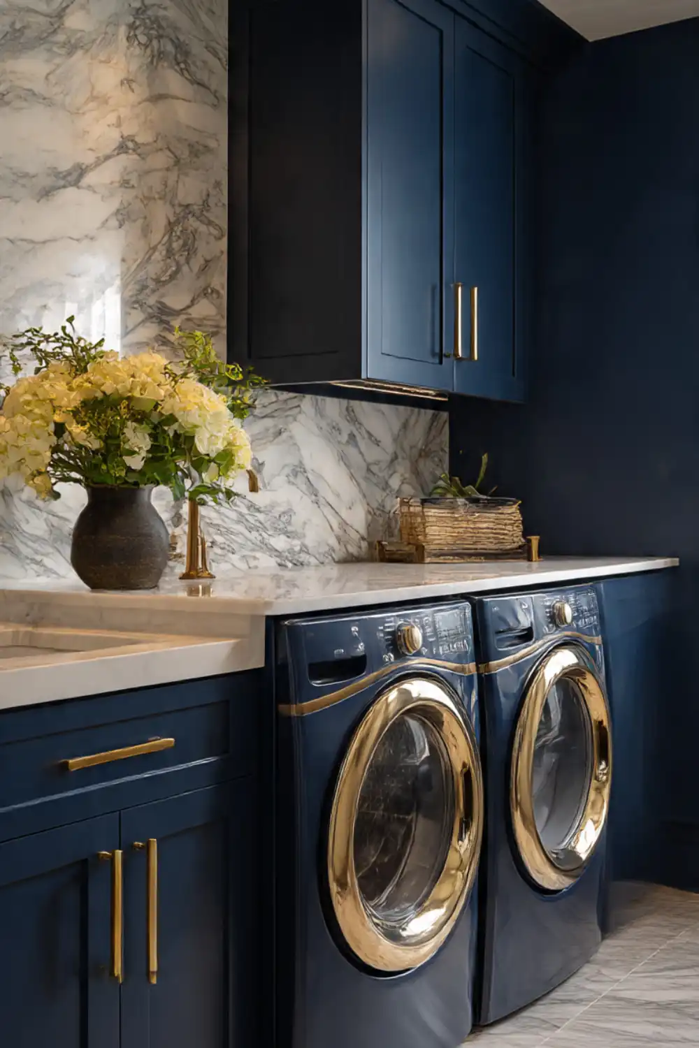 Luxurious laundry room with blue cabinets and floral decor.