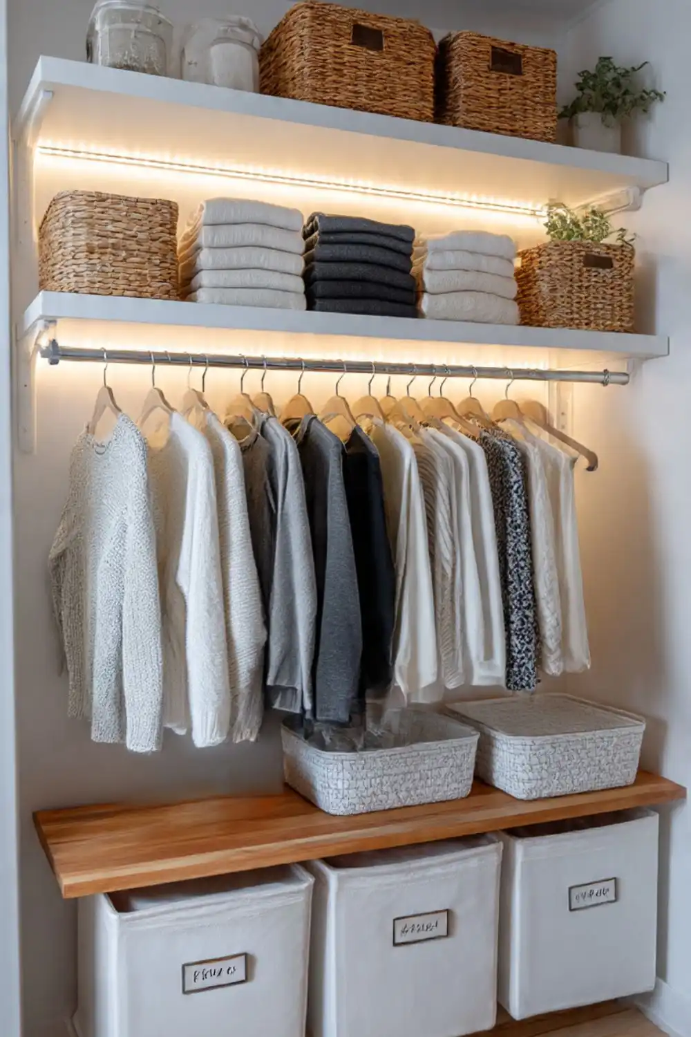 Organized closet with clothes, baskets, and shelves.