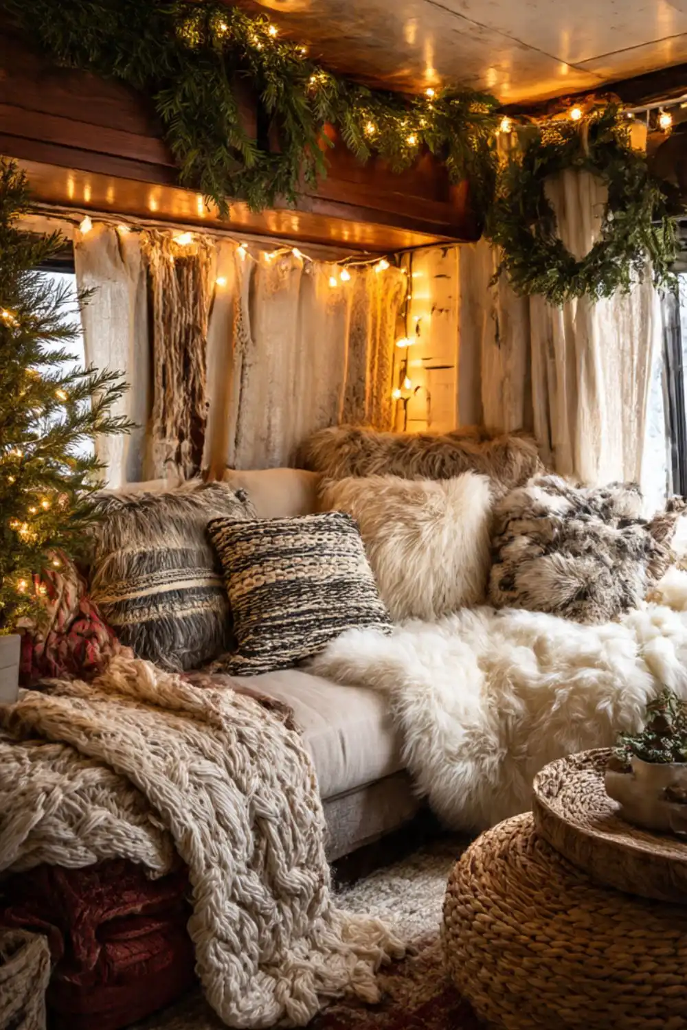 Cozy living room with fluffy blankets and pillows.
