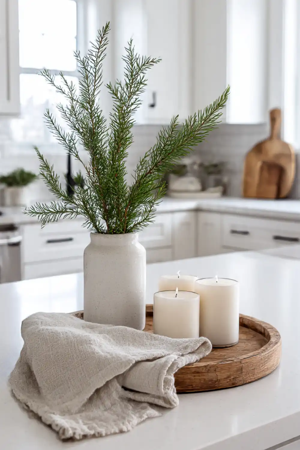 Rustic kitchen decor with candles and greenery.