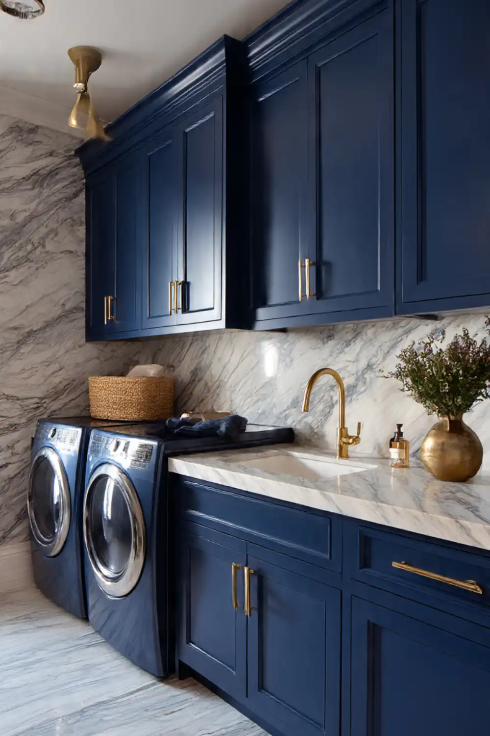 Modern navy blue laundry room with marble countertops.