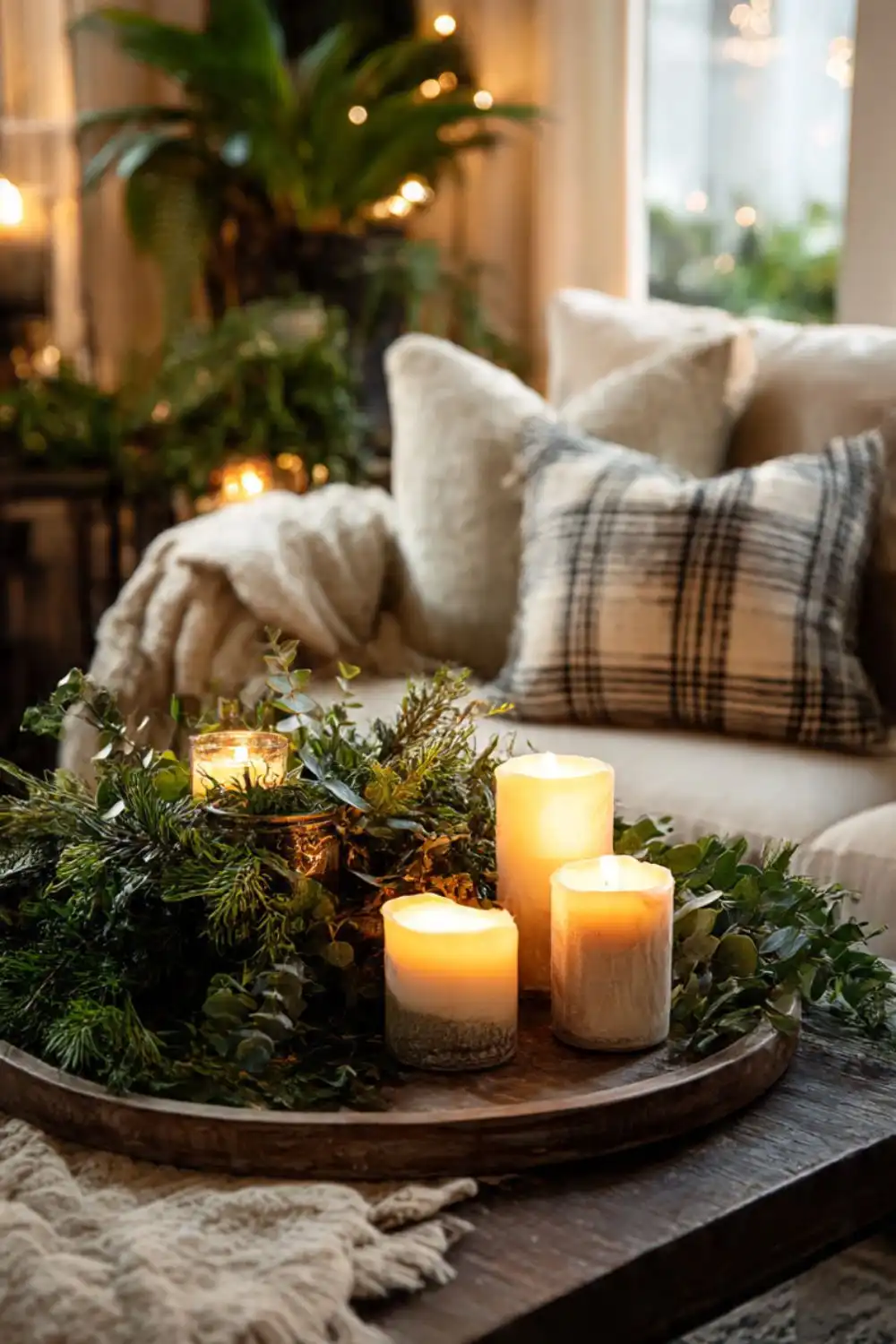 Cozy living room with candles and greenery decor.