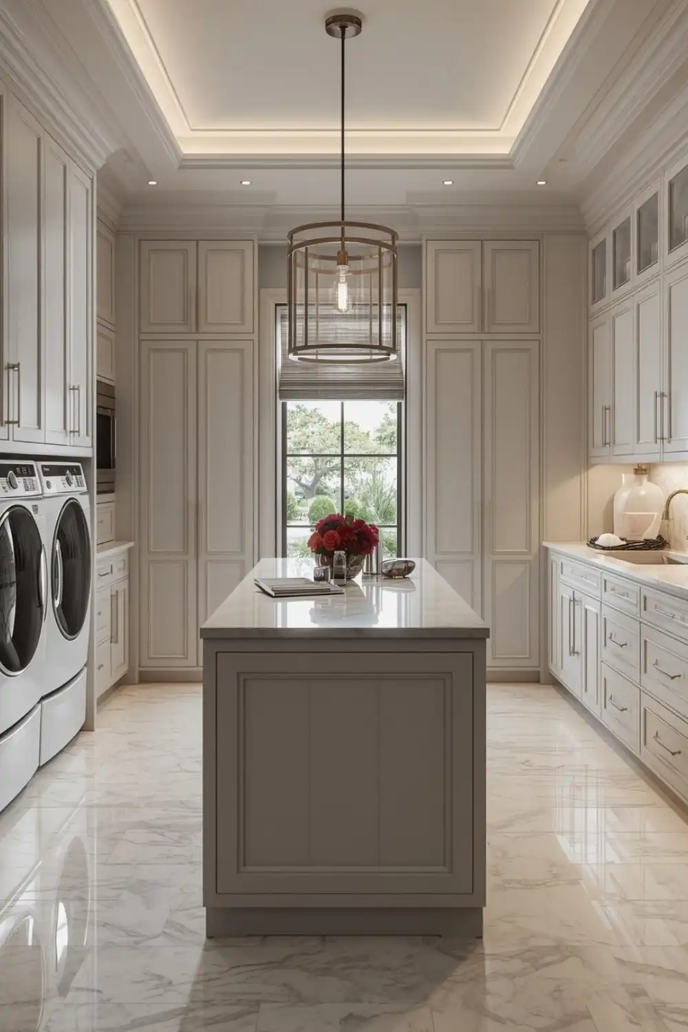 Elegant kitchen with island and laundry appliances.