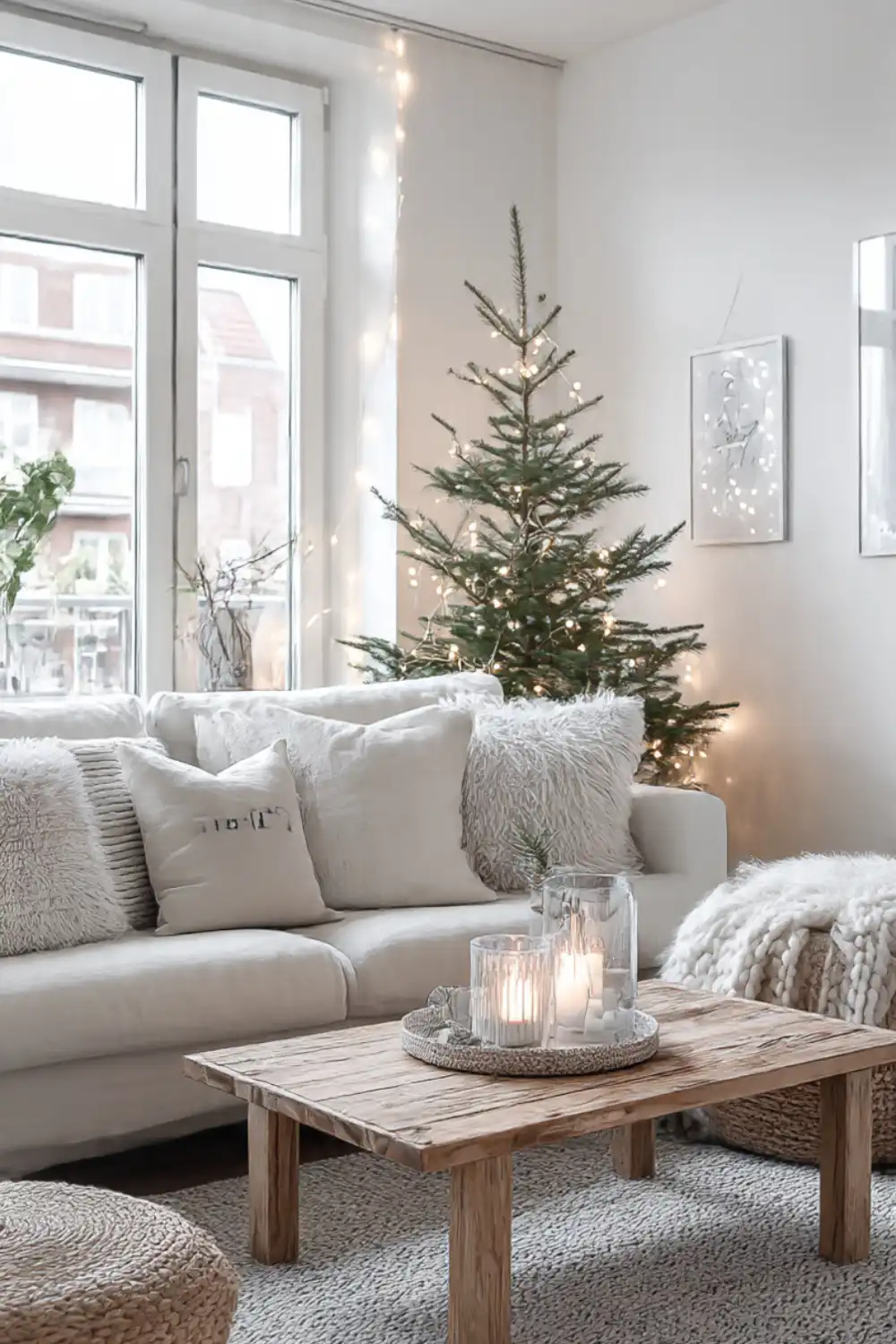 Cozy living room with Christmas tree and candles.
