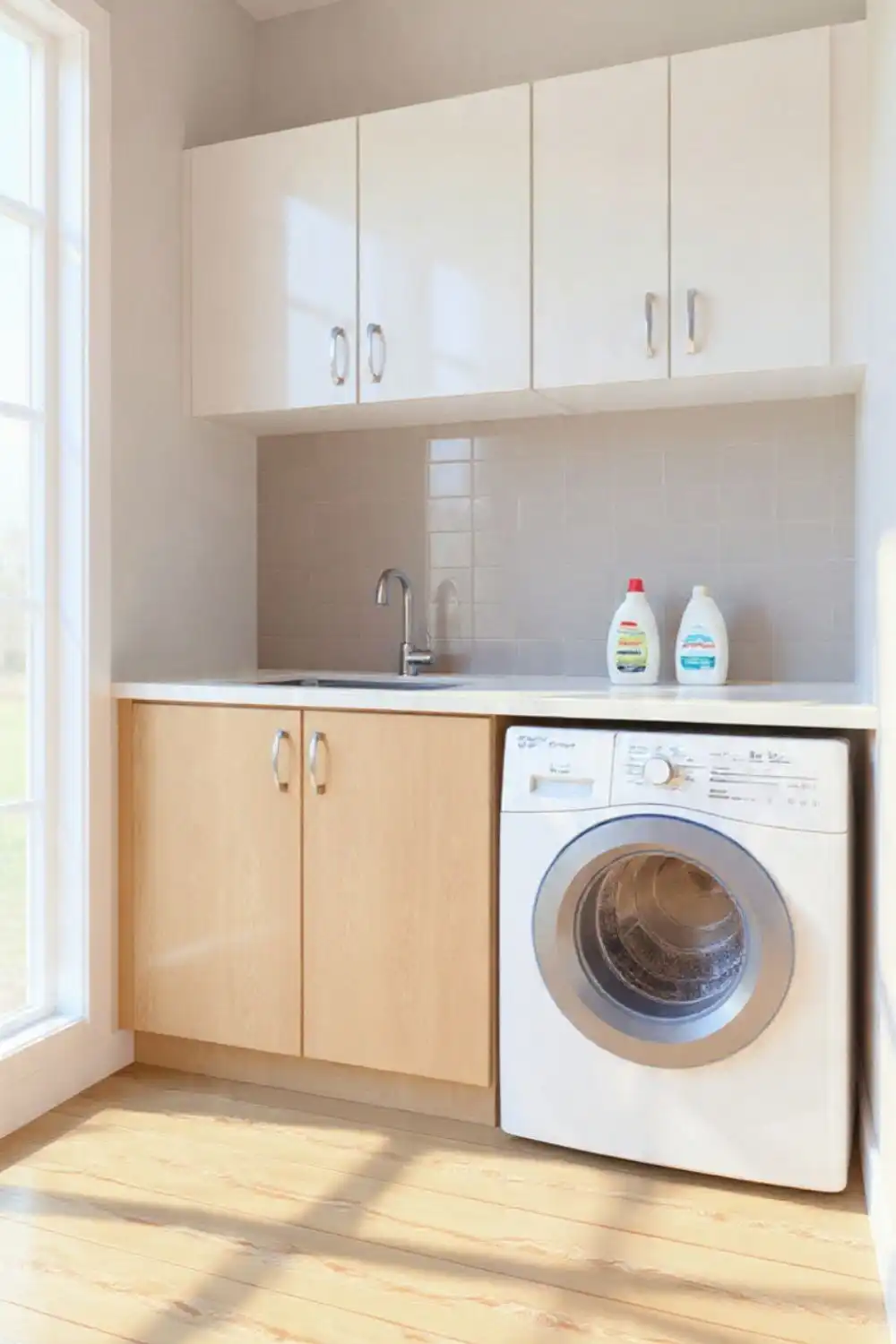 Bright laundry room with washer and cabinets