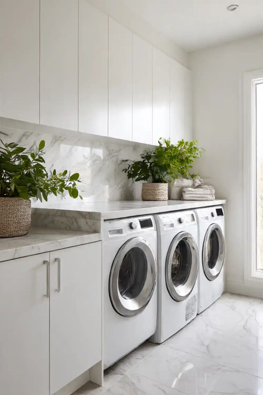 Modern laundry room with washers and plants Classic White for a Clean, Bright Look