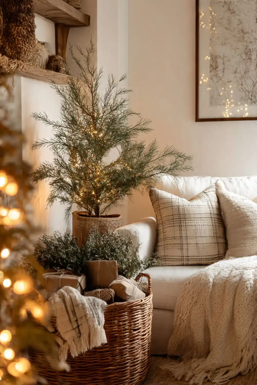 Cozy living room with holiday decorations.