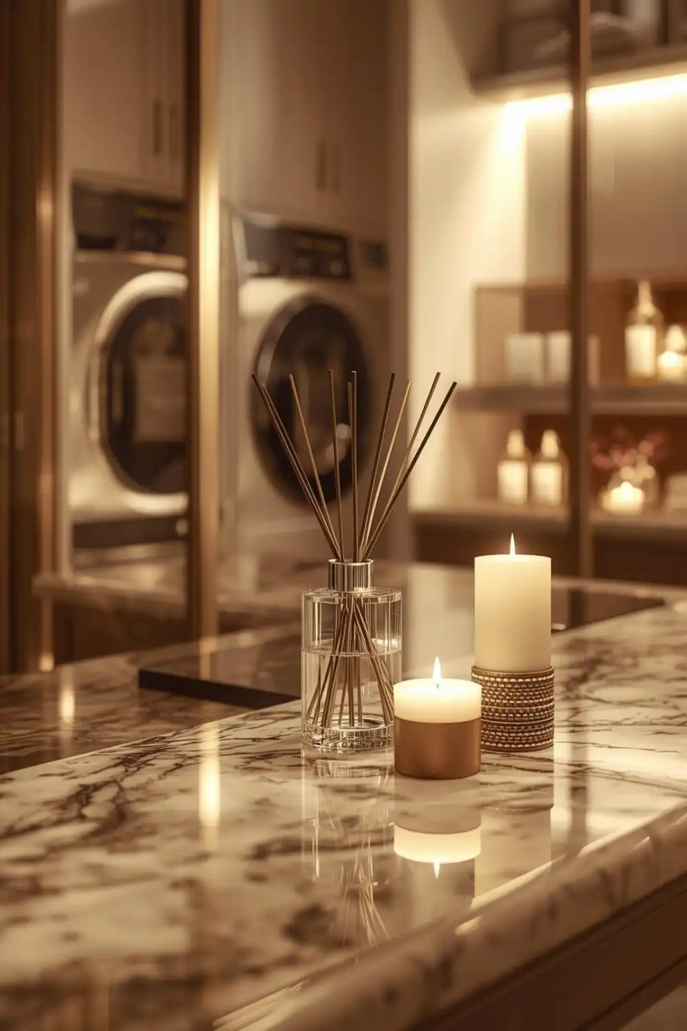 Aromatic candles and diffuser on marble counter.