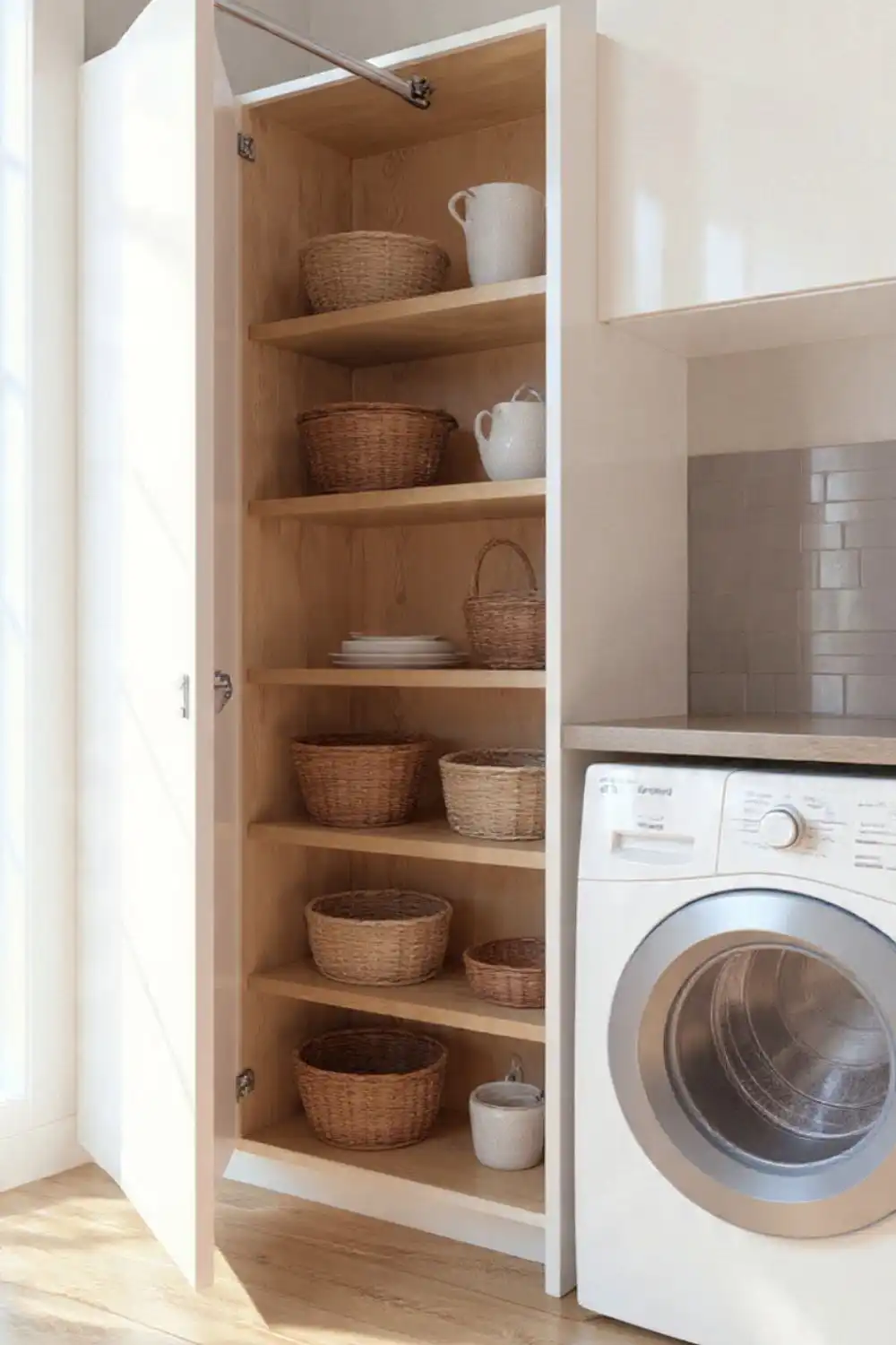 Open cabinet with baskets and washing machine