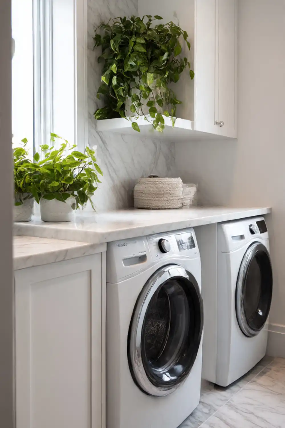 Modern laundry room with plants and appliances.