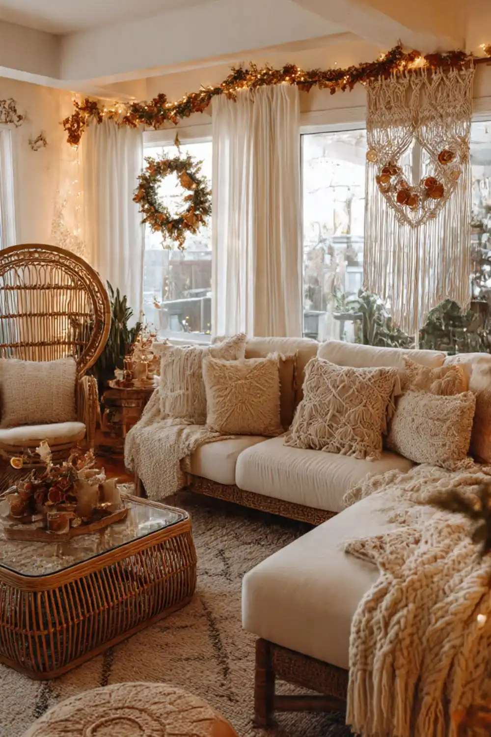 Cozy bohemian living room with holiday decor.