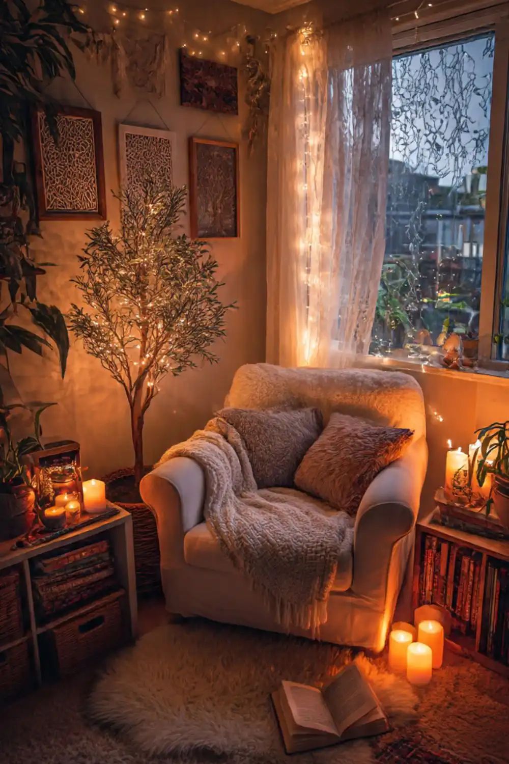 Cozy reading nook with candles and lights.