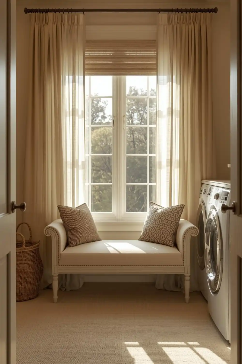 Cozy laundry room with window seat and washer dryer.