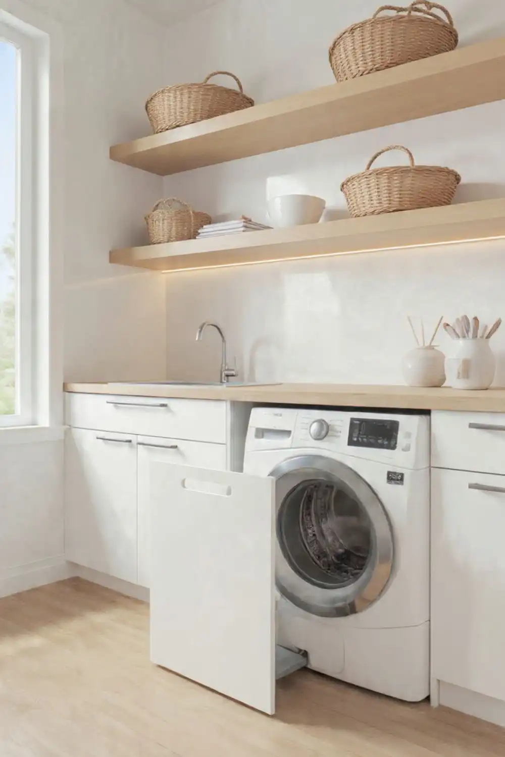 Modern laundry room with washing machine and shelves
