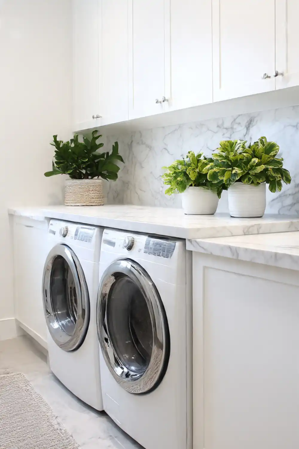 Modern laundry room with washer, dryer, plants