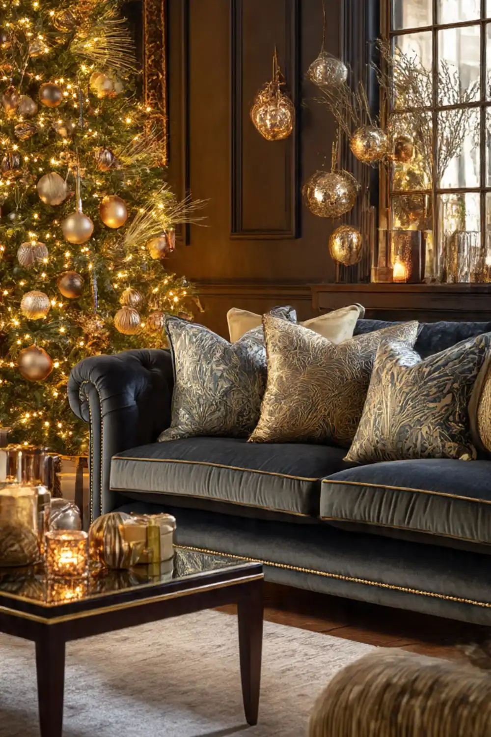 Elegant living room with decorated Christmas tree.