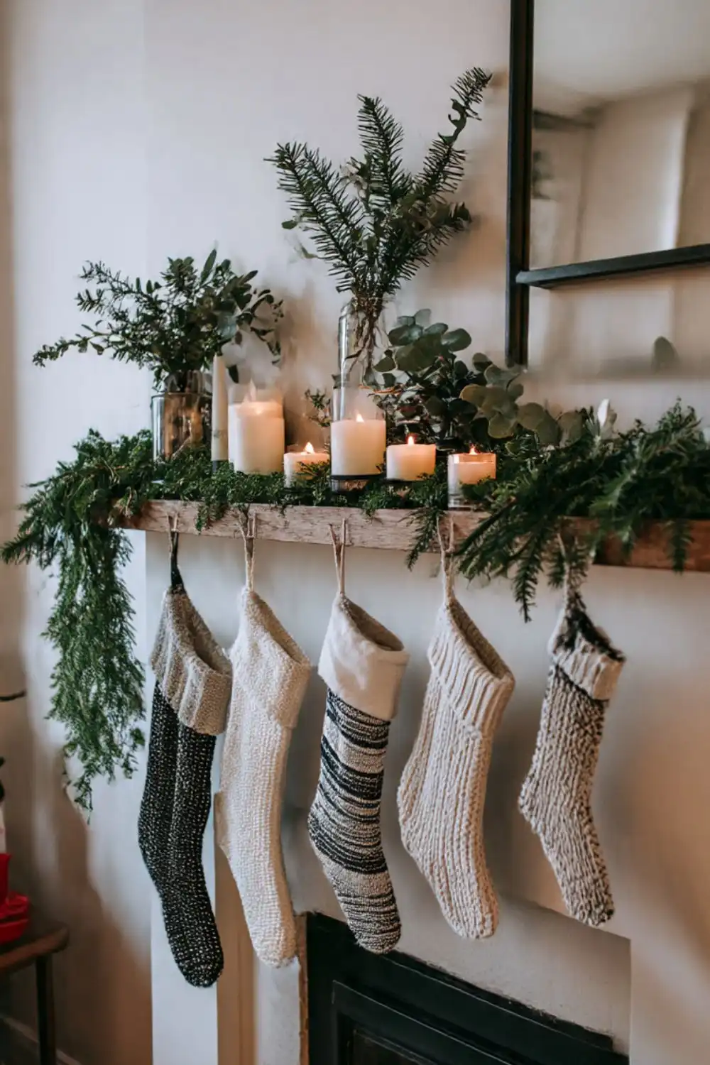 Cozy Christmas stockings hung by fireplace with greenery.