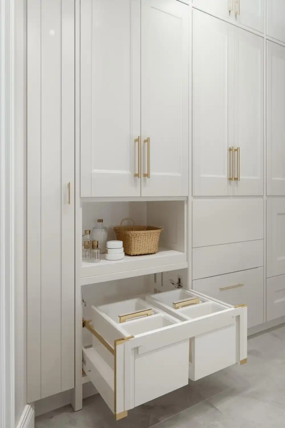 Modern white kitchen cabinets with pull-out drawers