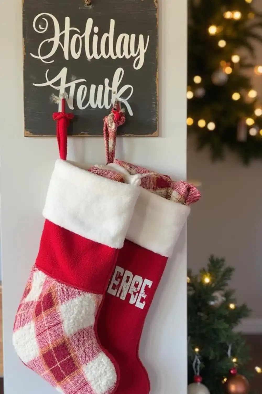 Christmas stockings hanging by holiday sign