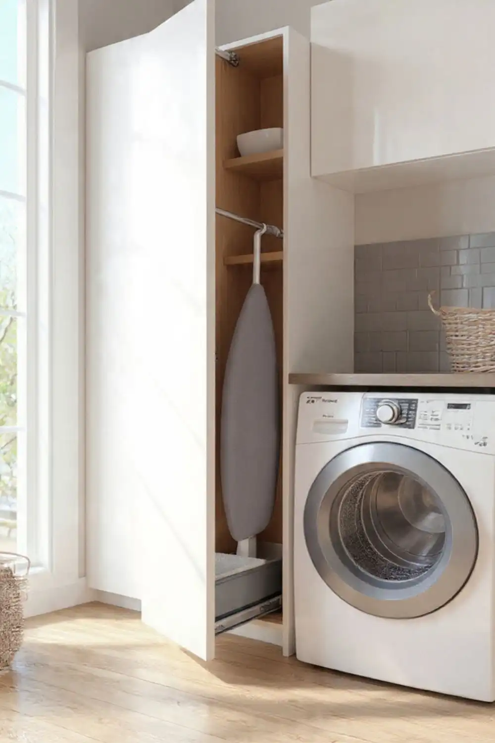 Laundry room with washing machine and ironing board.
