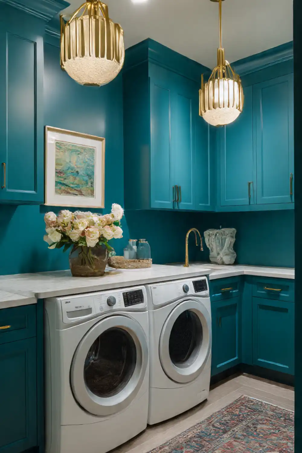Stylish laundry room with teal cabinets and gold fixtures.