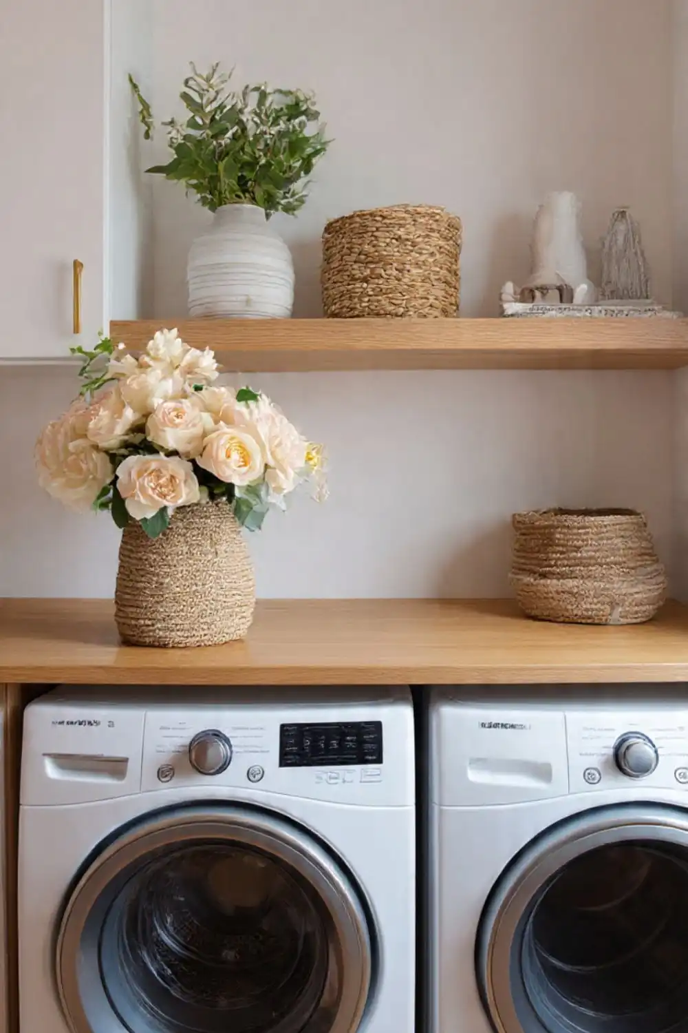 Stylish laundry room with flowers and wicker baskets DIY Laundry Room Makeover