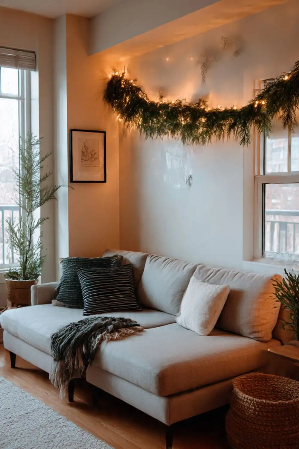 Cozy living room with sofa and holiday garland.