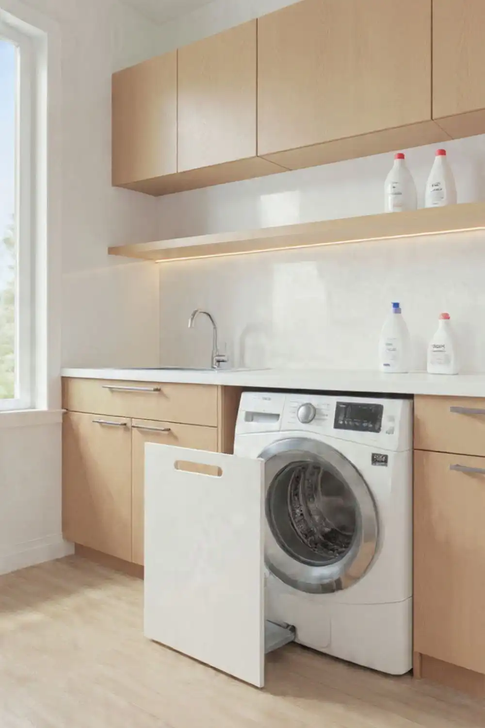 Modern laundry room with washing machine and cabinets.