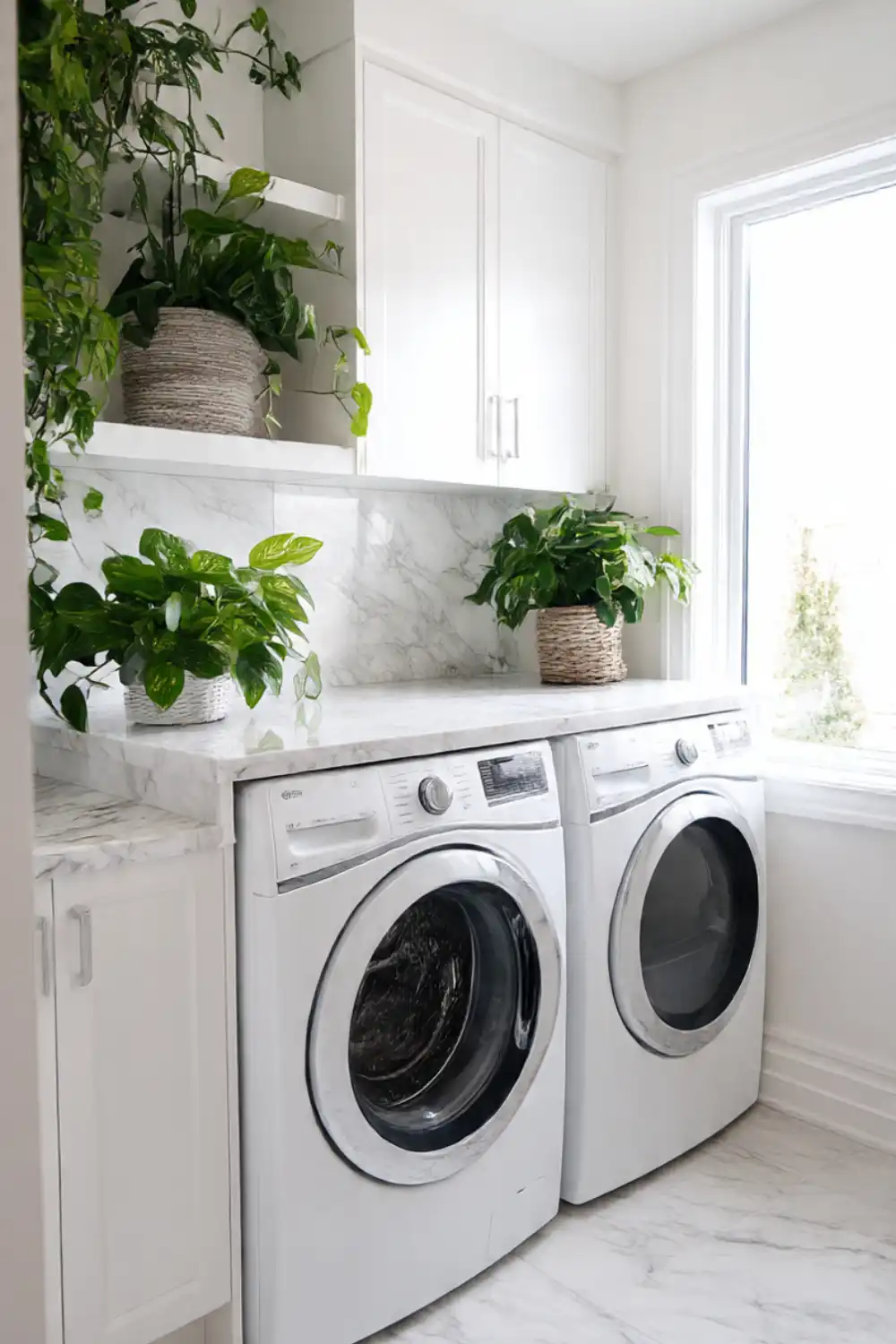 Modern laundry room with plants and marble countertops.