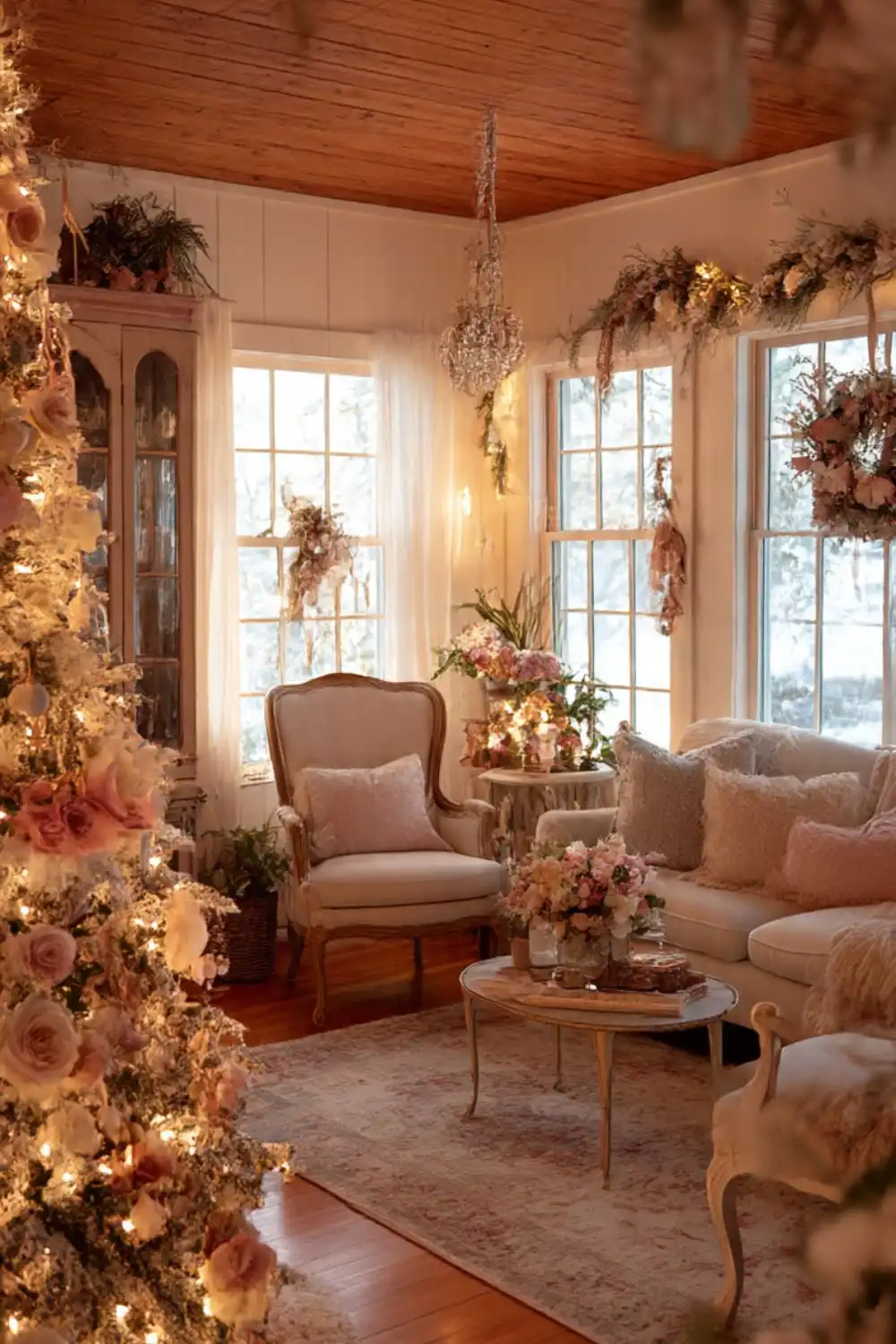 Cozy living room with Christmas decorations and flowers.