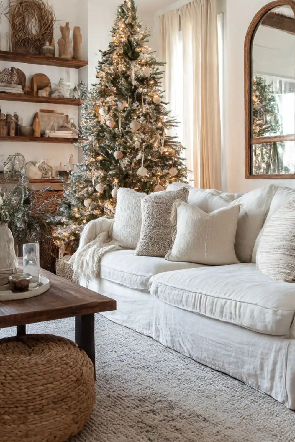 Cozy living room with Christmas tree decorations.