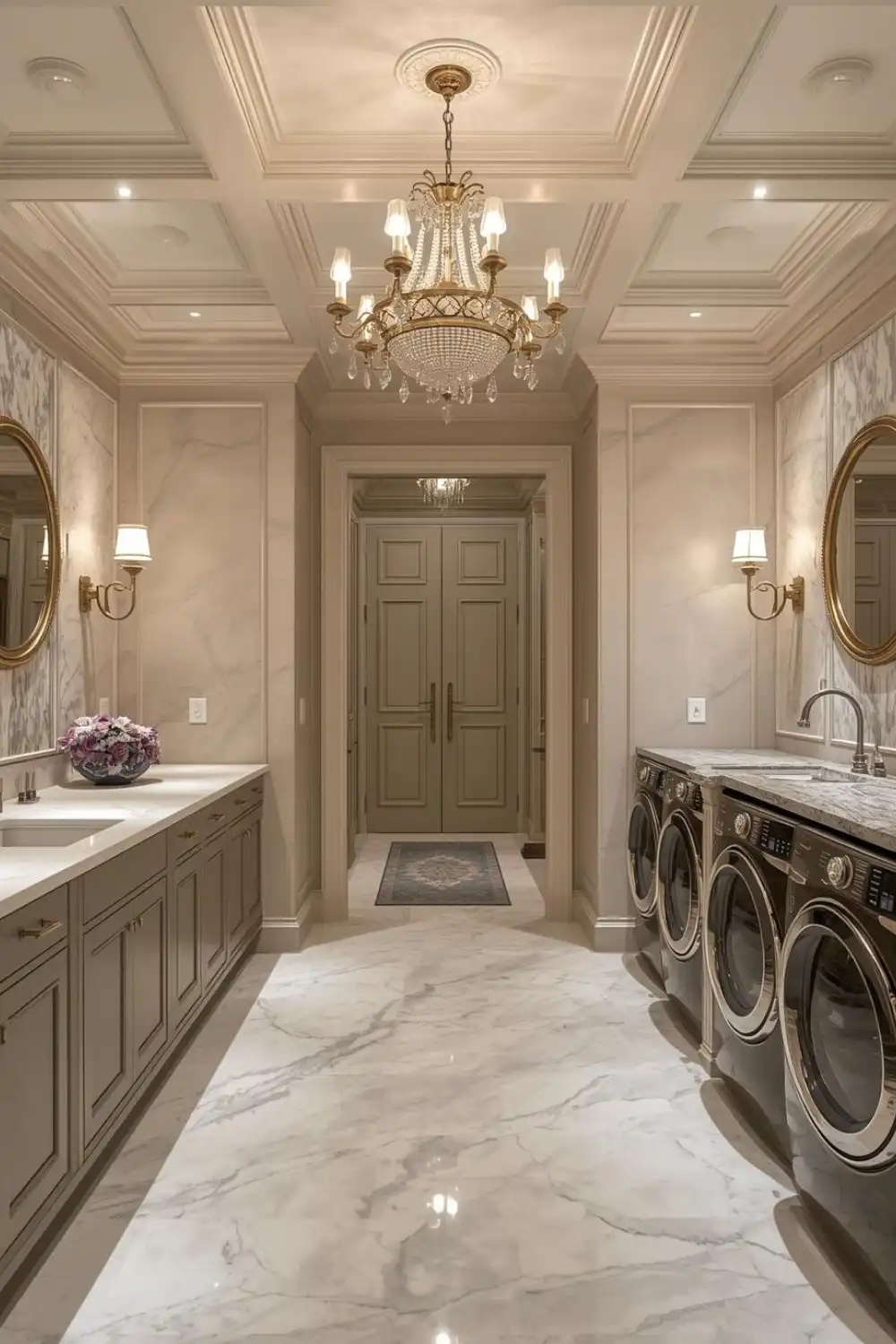 Luxurious laundry room with chandelier and marble floors.