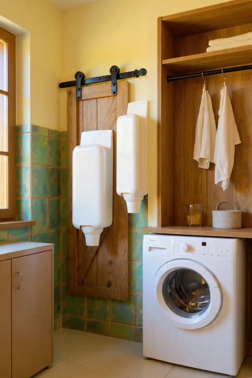 Modern laundry room with washing machine and storage.