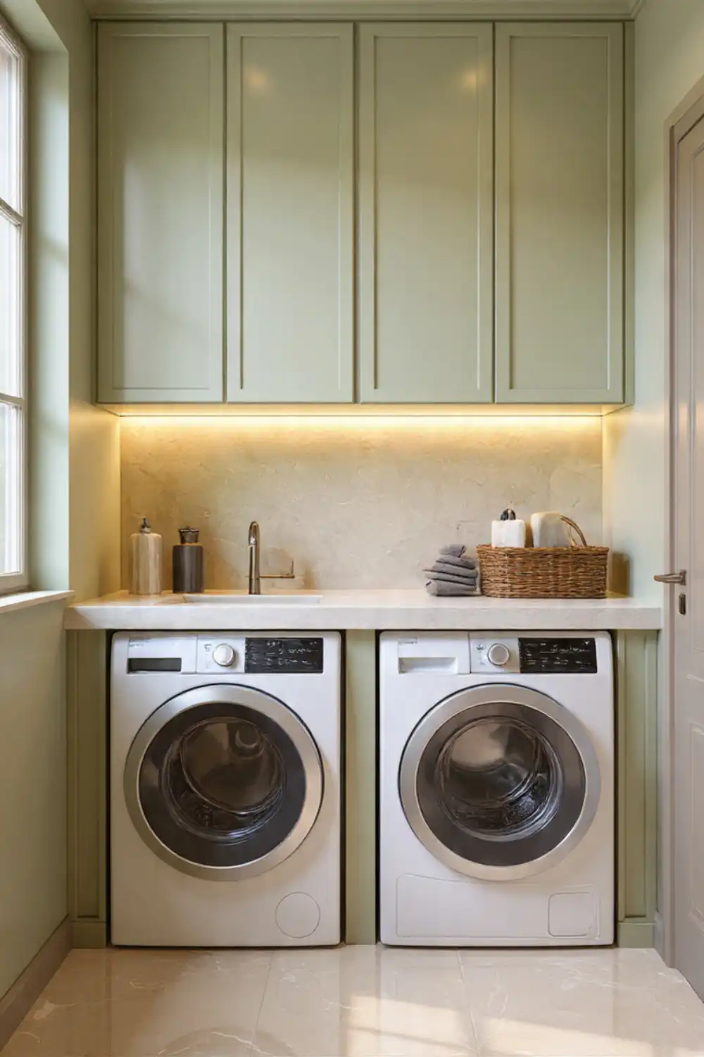 Modern laundry room with washing machines and woven basket